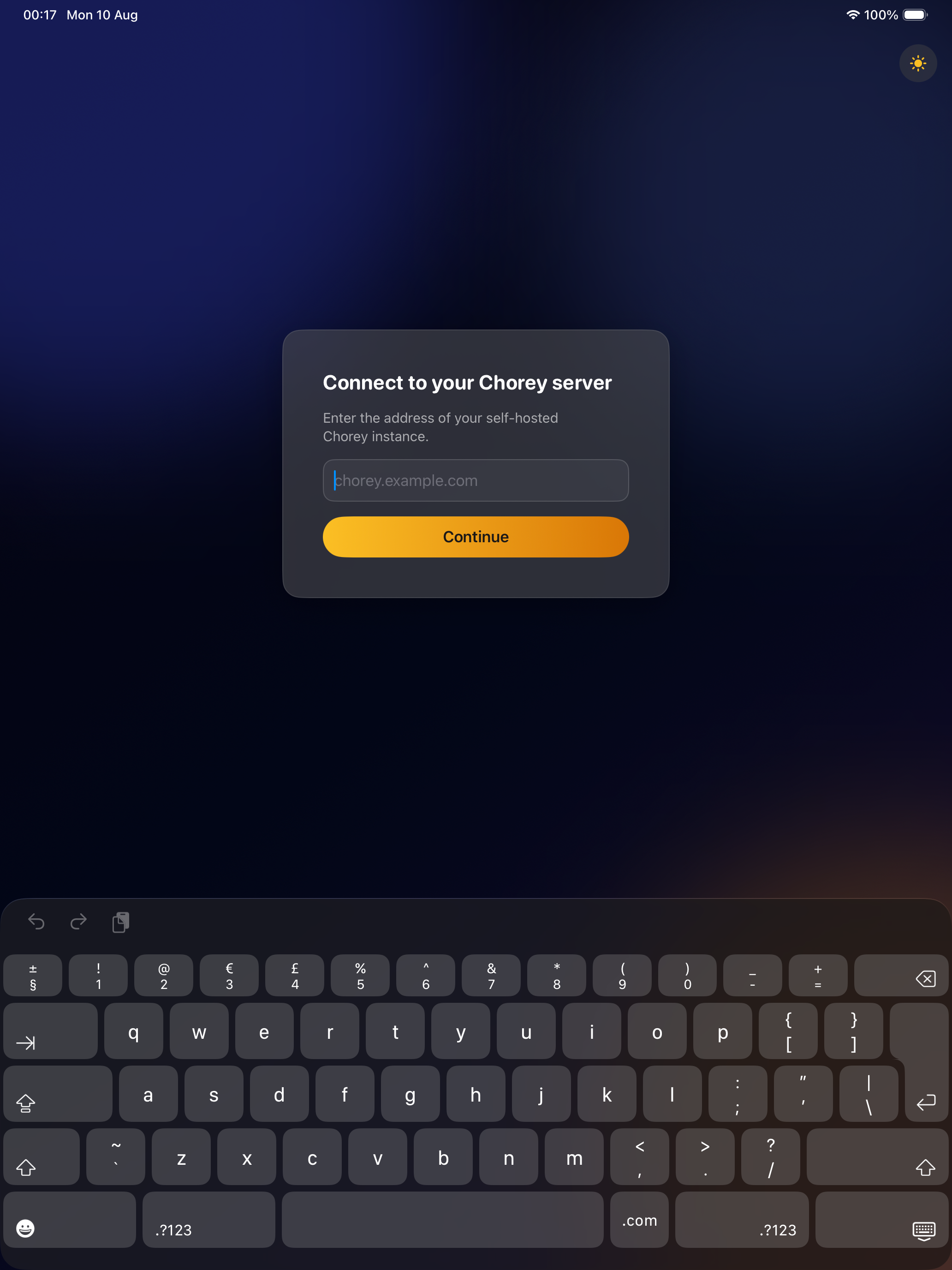 Chorey iPad onboarding, connect to your server