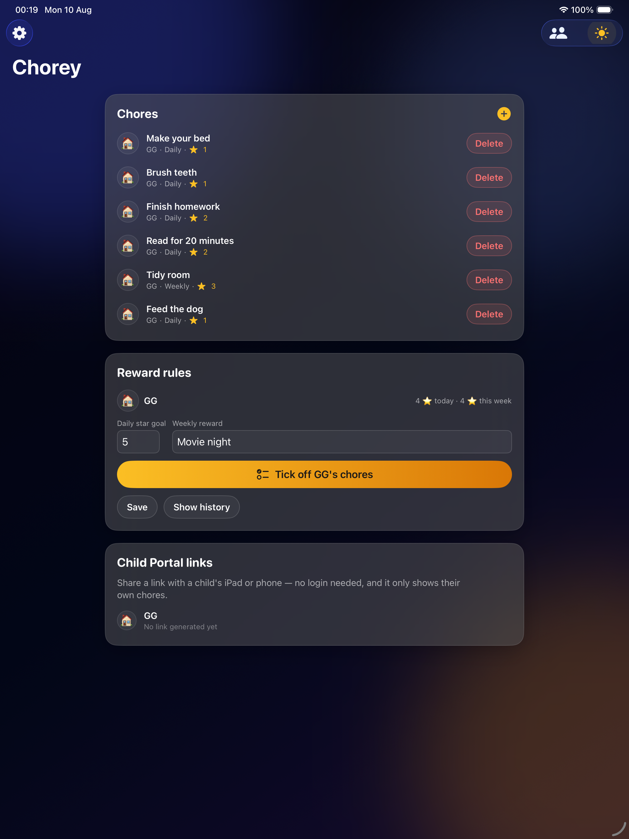 Chorey iPad parent dashboard