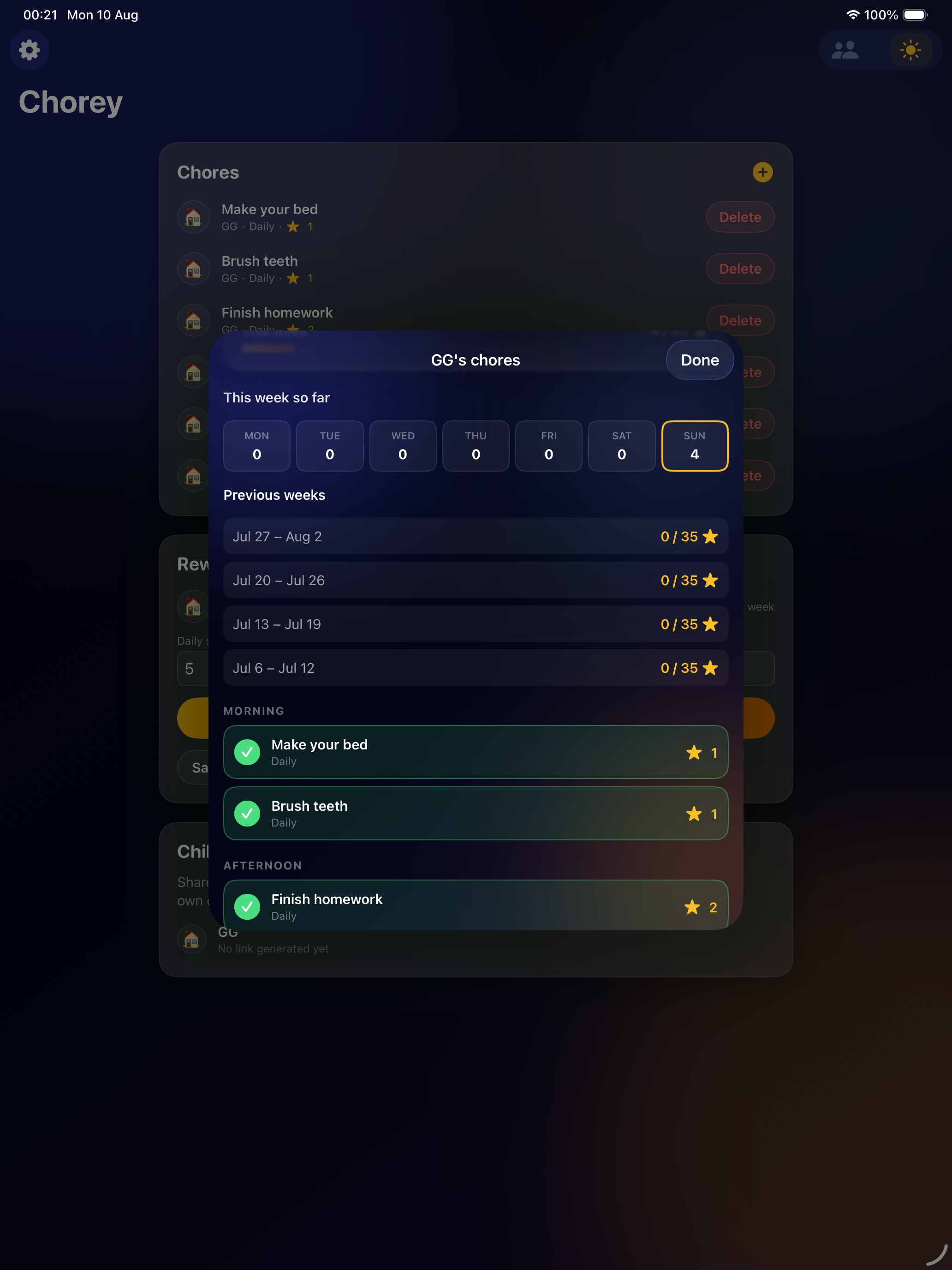 Chorey iPad checklist scrolled to chore rows