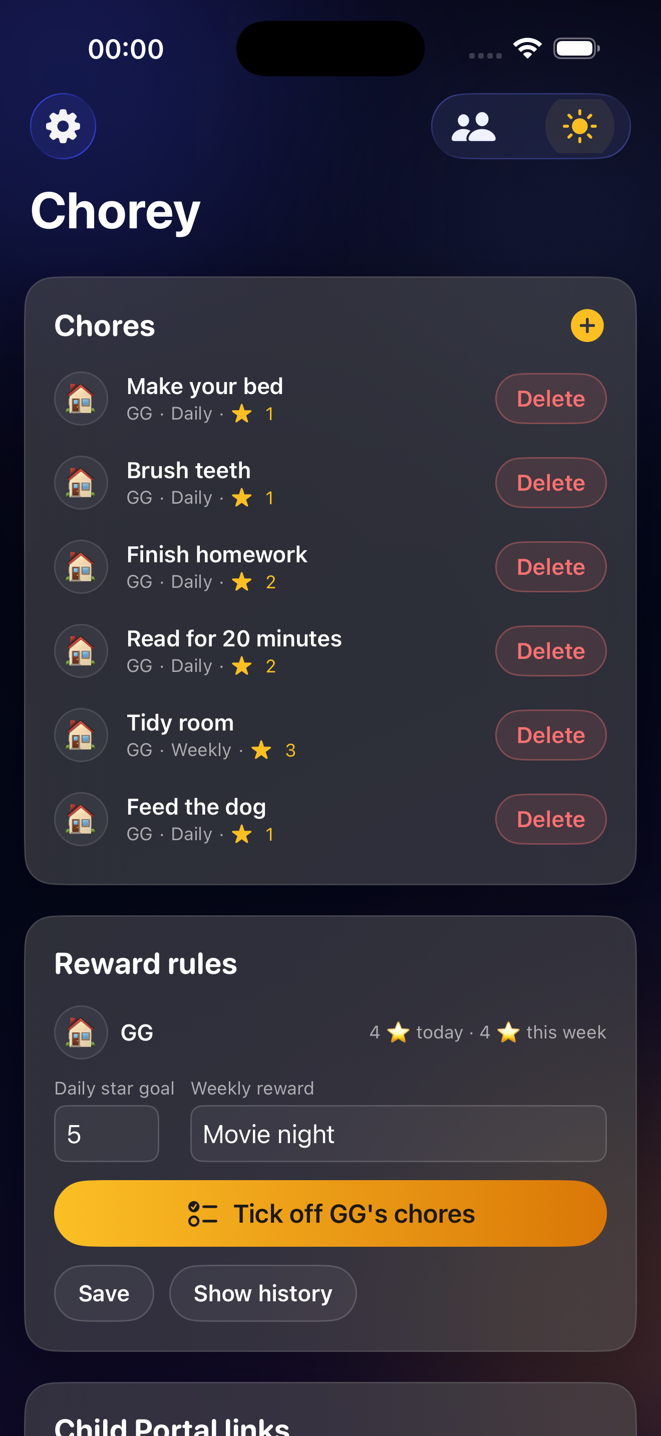 Chorey iPhone parent dashboard