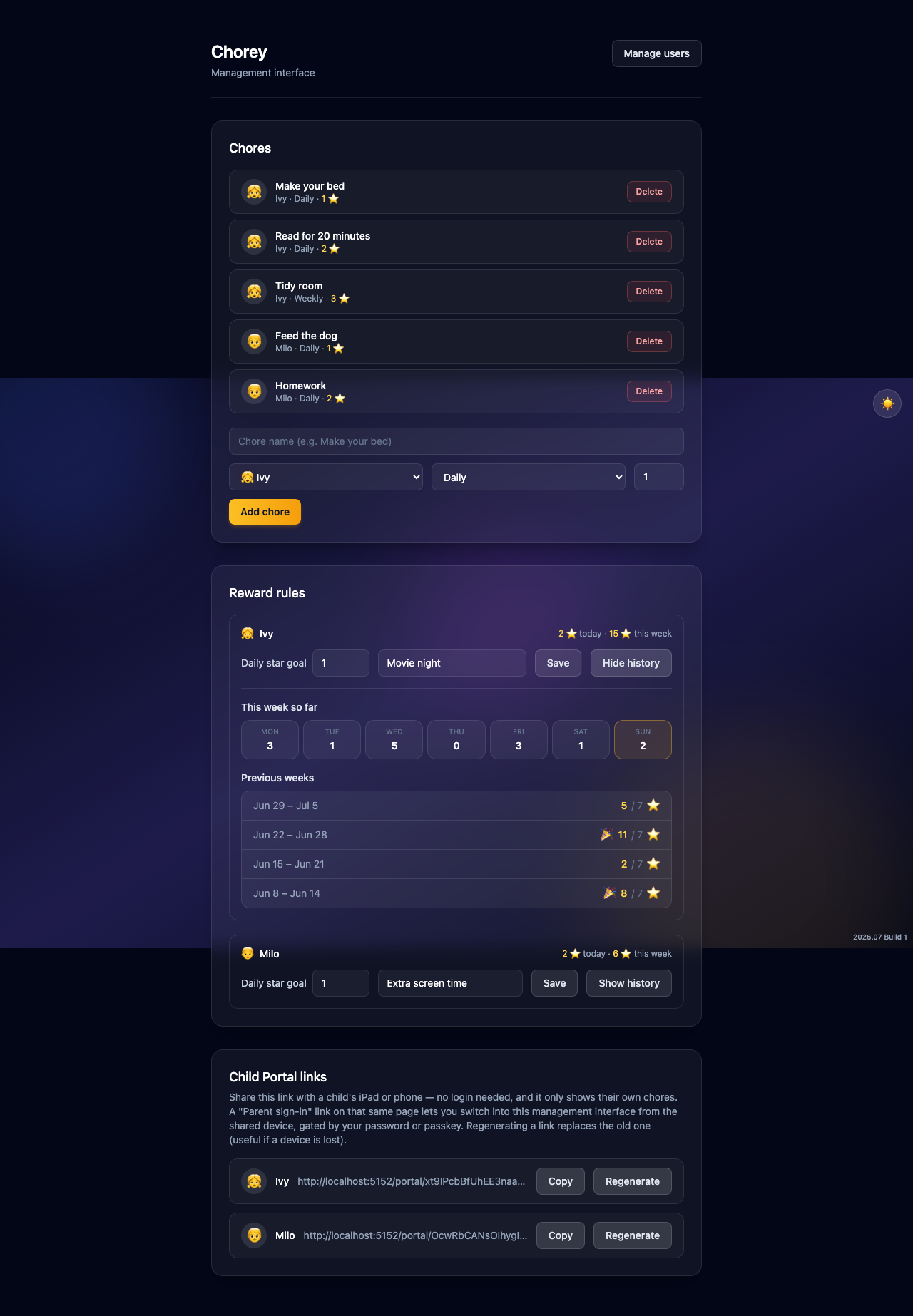 Chorey web dashboard, dark theme
