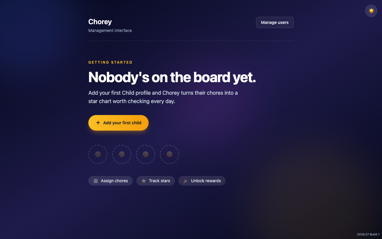 Chorey empty state before any chores are added, dark theme