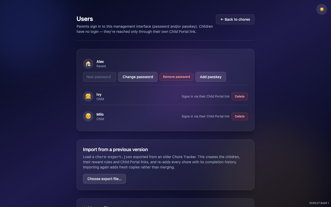 Chorey manage users screen, dark theme